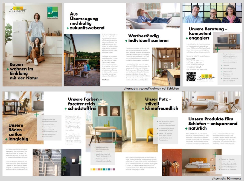 ÖkoPlus-Händler-Flyer mit Layout-Variante Sanieren + Schlafen ÖkoPlus-Haendler-Flyer stellt auf 8 Seiten die nachhaltigen Schwerpunkt-Sortimente Böden, Farben, Putz und Schlafen vor